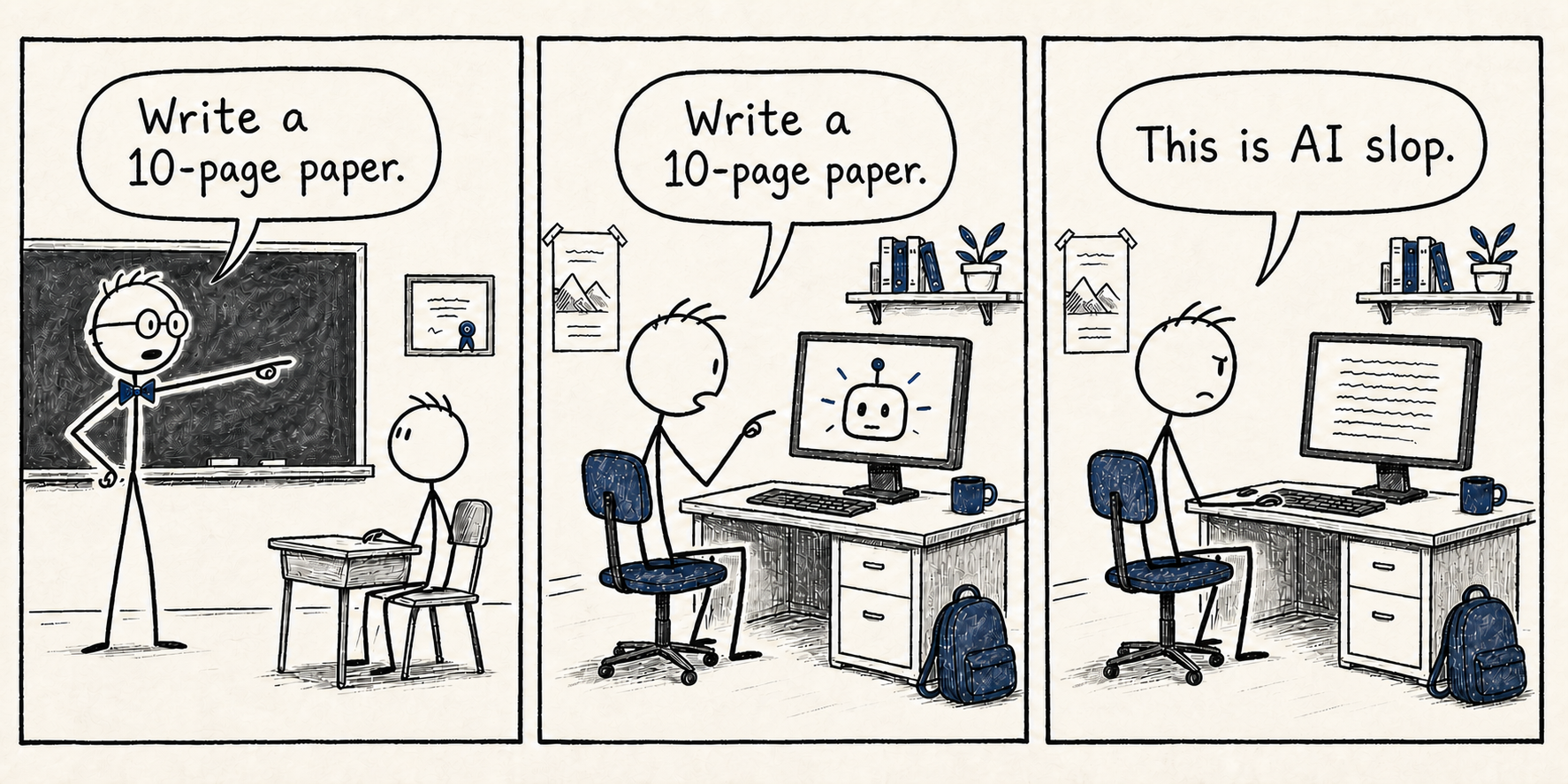 Three-panel cartoon: a professor tells a student to write a ten-page paper, the student gives the same instruction to a computer, then complains that the result sounds like AI slop.